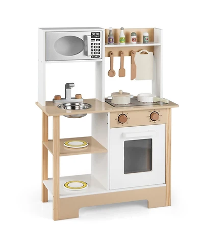Sugift Wooden Toy Kitchen Playset with Built-In Chalkboard and Stainless Steel Sink, 13-Piece, Ages 3+