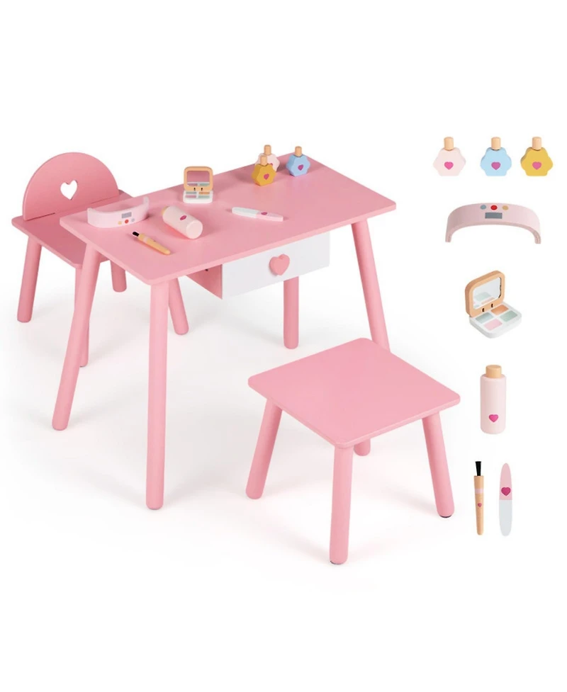 Sugift 2-in-1 Wooden Vanity Table with Chair and Stool Set, Ages 3+