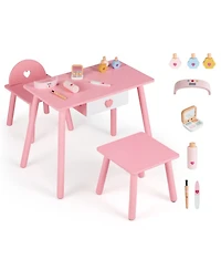Sugift 2-in-1 Wooden Vanity Table with Chair and Stool Set, Ages 3+
