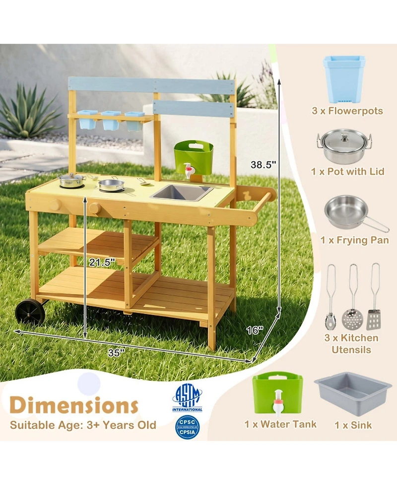 Sugift Mobile Wooden Mud Kitchen with 3 Flowerpots and Cooking Accessories, Ages 3+