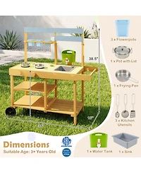 Sugift Mobile Wooden Mud Kitchen with 3 Flowerpots and Cooking Accessories, Ages 3+