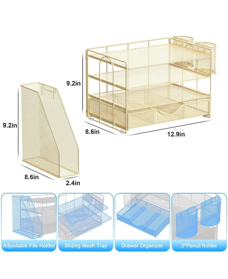 Danrong Metal Mesh Desk Organizer with File Holder Sliding Drawer and Pen Holders