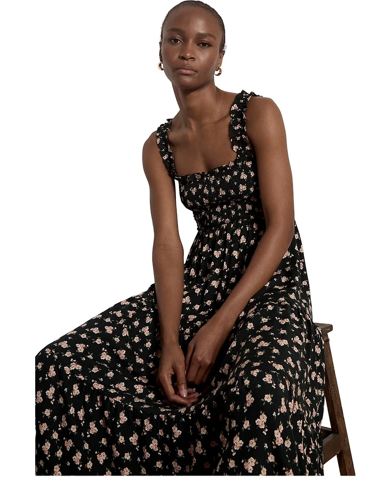 Apricot Women's Floral-Print Square Neck Smocked Midi Dress