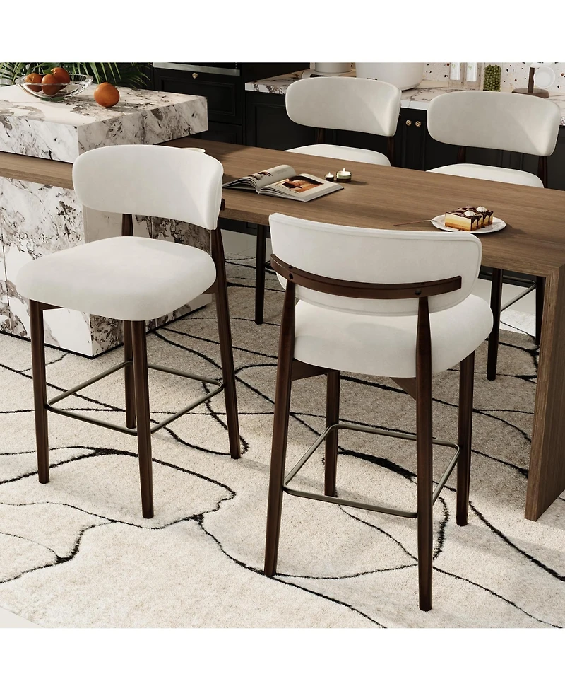 gaomon Set of 4 Upholstered Counter Height Bar Stools with Wood Legs and Curved Back, Linen Kitchen Island Chairs with Footrest
