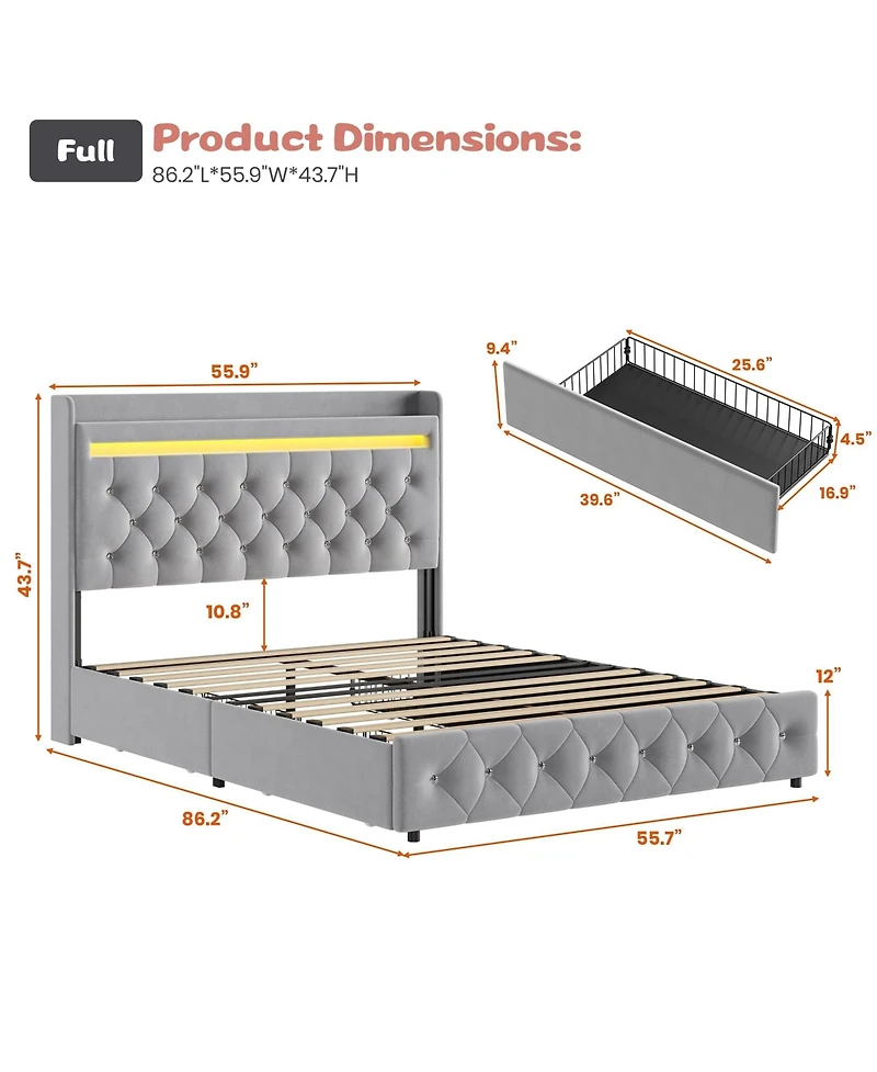 gaomon Upholstered Led Platform Bed Frame with Storage Headboard, Charging Station and Drawers