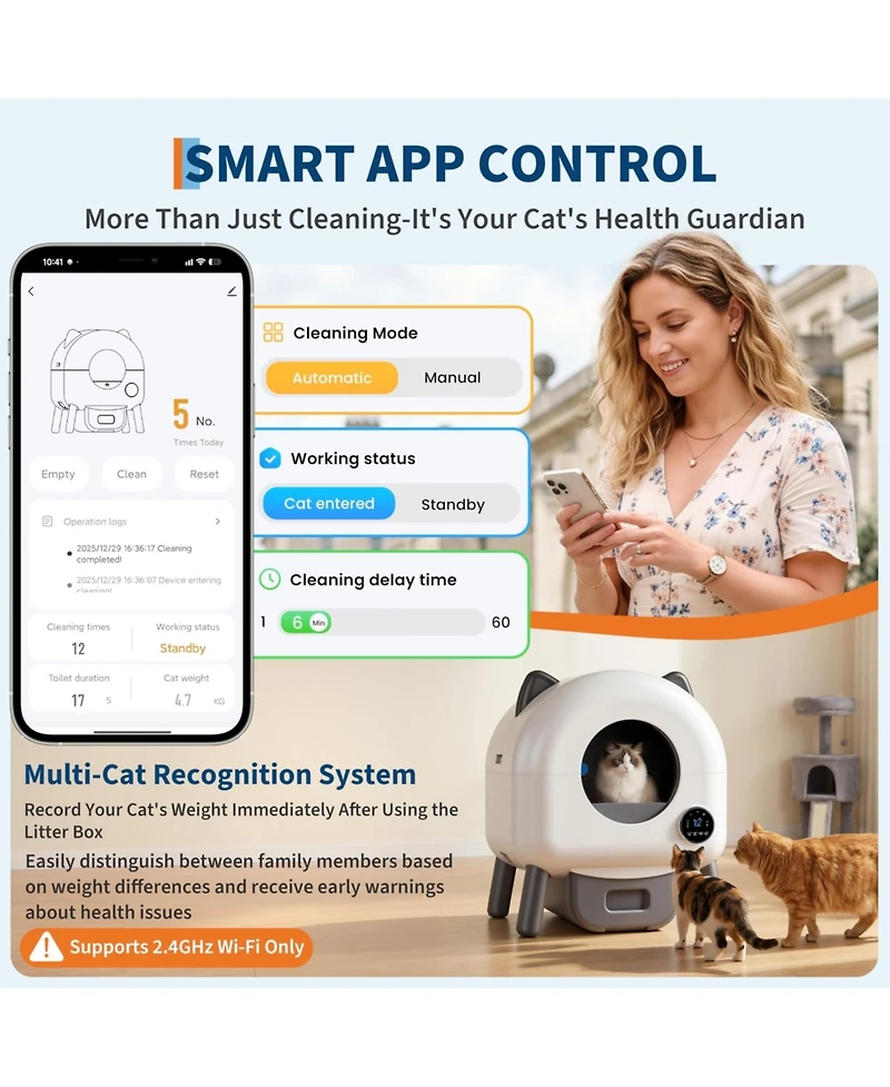 20.6 x 22.8 x 21.7 in Self-Cleaning Cat Litter Box, Automatic Smart Cat Toilet with App Control, Odor Control for Indoor Multi Cats