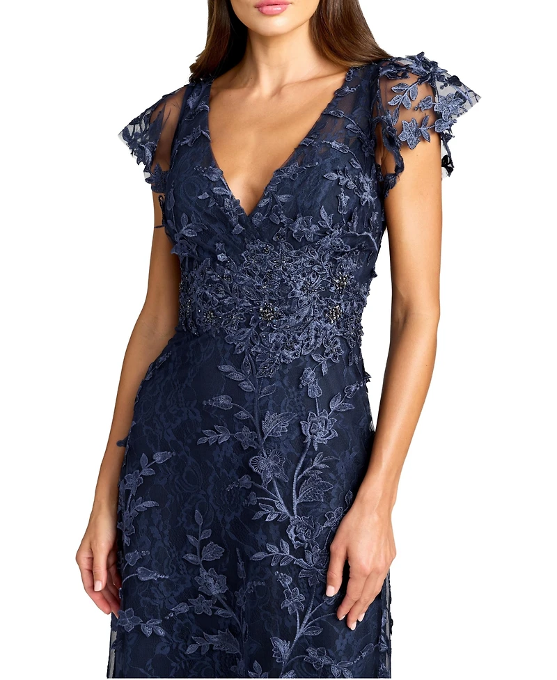 Mac Duggal Petite Embroidered Applique Wrap Over Flutter Sleeve Gown