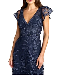 Mac Duggal Petite Embroidered Applique Wrap Over Flutter Sleeve Gown