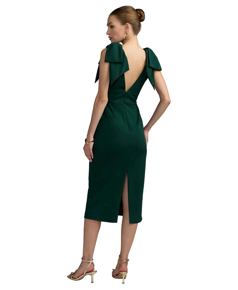 Mac Duggal Petite Statement Bow Shoulder Crepe Midi Dress