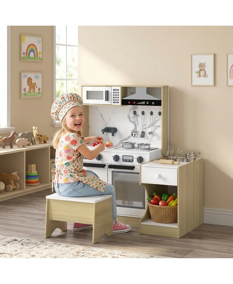 Qaba 2-in-1 Convertible Wooden Play Kitchen and Chair Set, Ages 3+