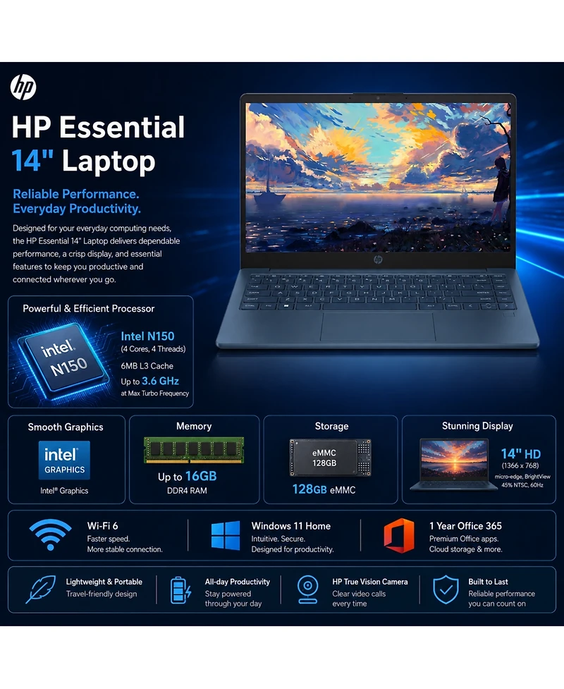 Hp Essential 14" Hd Laptop, Intel N150, 4GB Ram, 128GB eMMC, Wi-Fi 6, Win11 Home, 1-Year Microsoft 365 Included