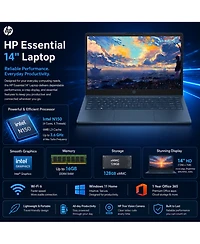 Hp Essential 14" Hd Laptop, Intel N150, 4GB Ram, 128GB eMMC, Wi-Fi 6, Win11 Home, 1-Year Microsoft 365 Included