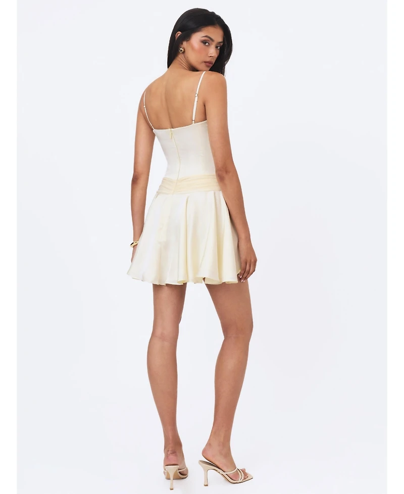 Miss Circle Women's Yvonne Ivory Satin Asymmetrical Ruched Mini Dress