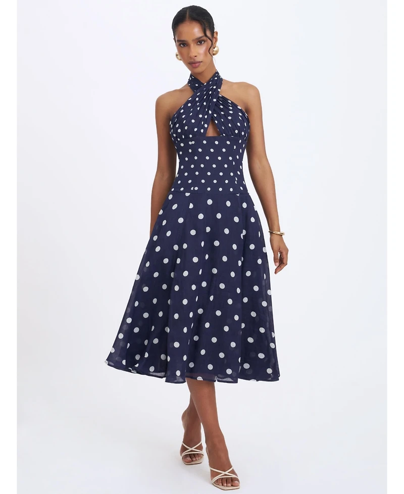 Miss Circle Women's Nuri Navy Polka Dot Ramie Crossover Halter A-Line Midi Dress