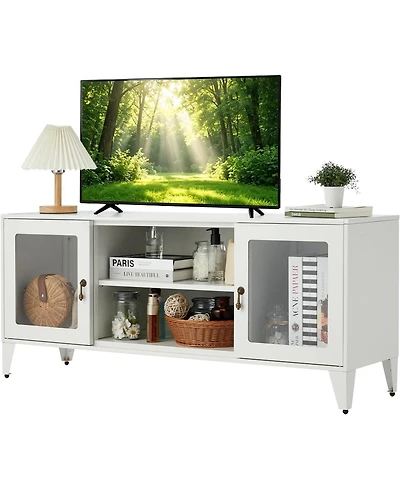 47.3" Modern White Metal Media Console with Glass Doors and Adjustable Shelves