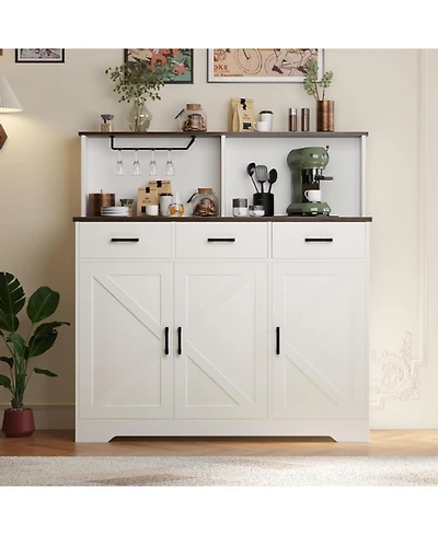 Farmhouse Entryway Sideboard Cabinet with Barn Doors, Drawers and Shelves, Large Wood Coffee Bar Storage Pantry Organizer for Dining Room, Living Room