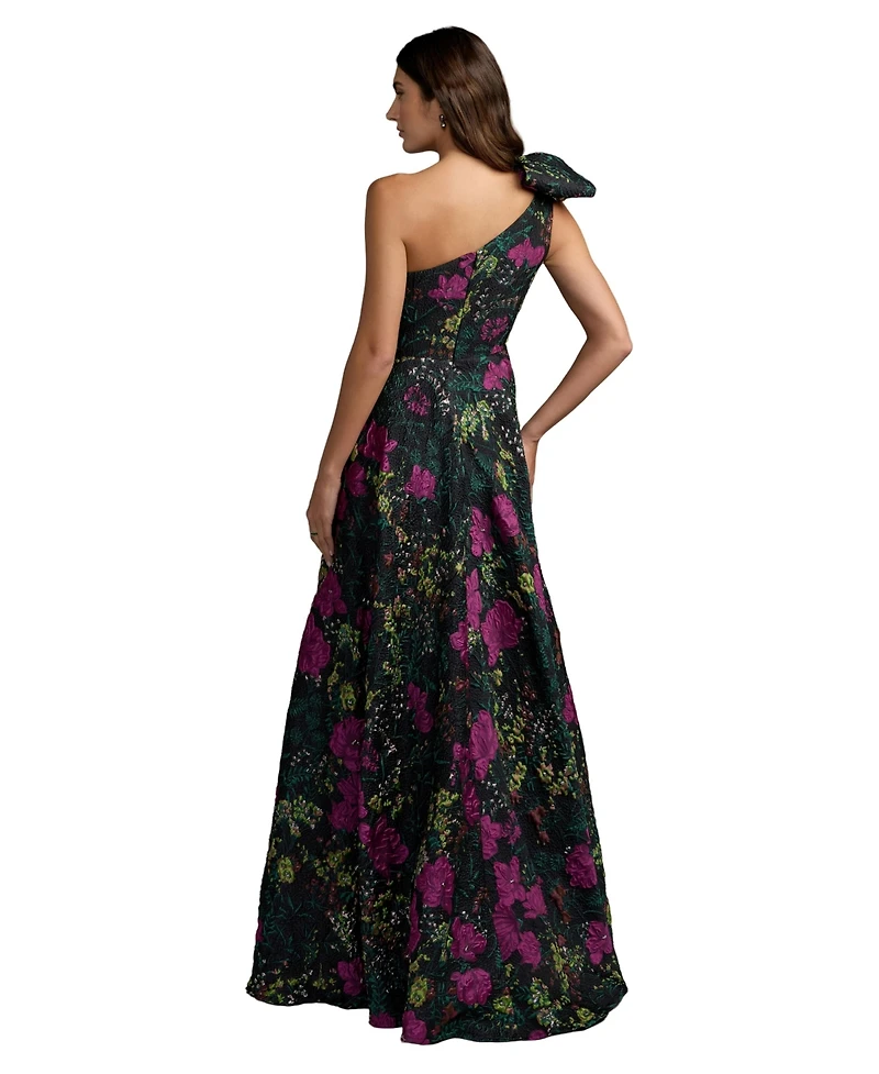 Mac Duggal Women's One Shoulder Floral Brocade Ball Gown with Bow