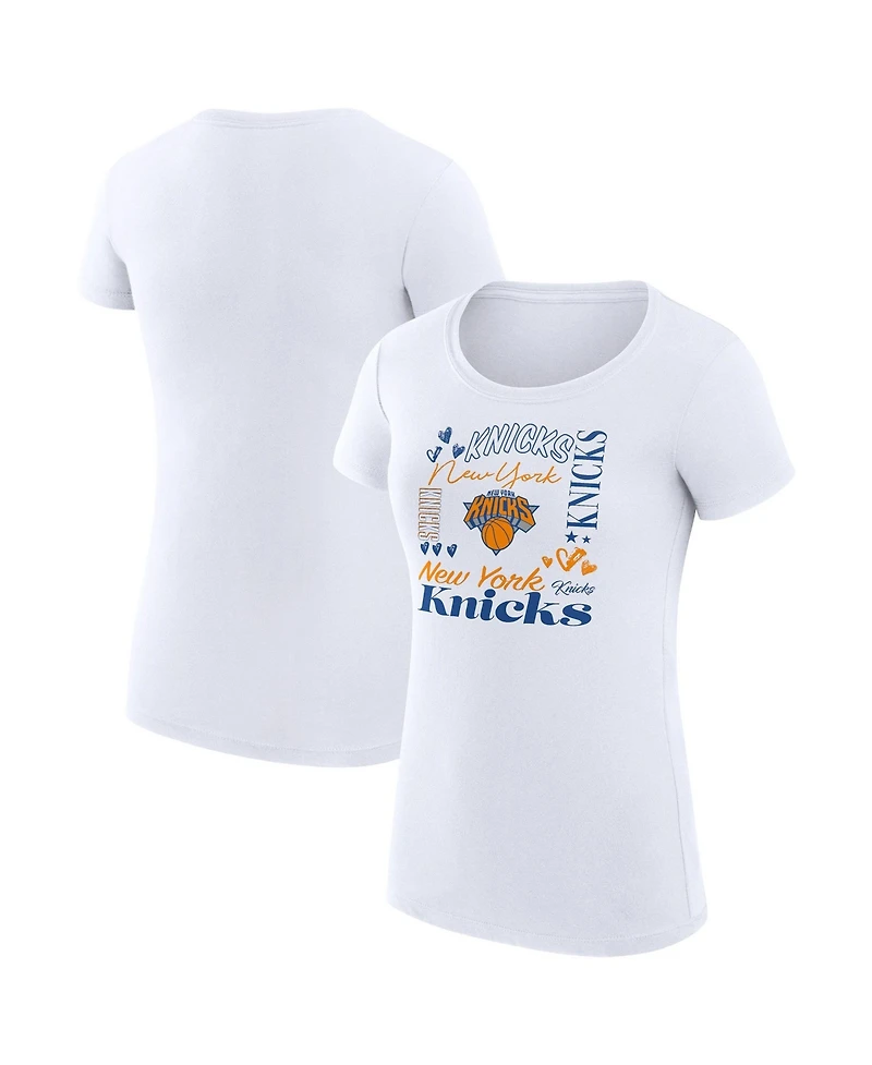 G-iii 4Her by Carl Banks Women's White New York Knicks Super-Slim Fit Lightweight Team Name Collage Graphic T-Shirt