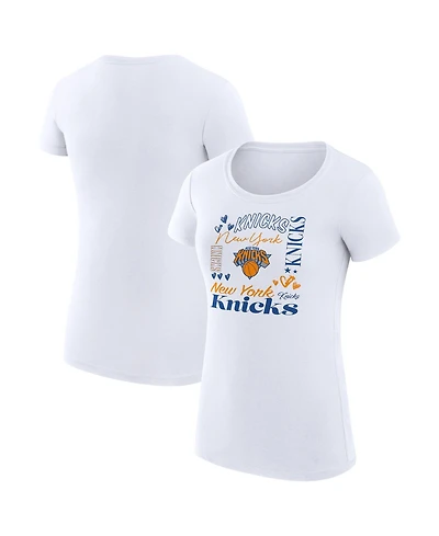 G-iii 4Her by Carl Banks Women's White New York Knicks Super-Slim Fit Lightweight Team Name Collage Graphic T-Shirt