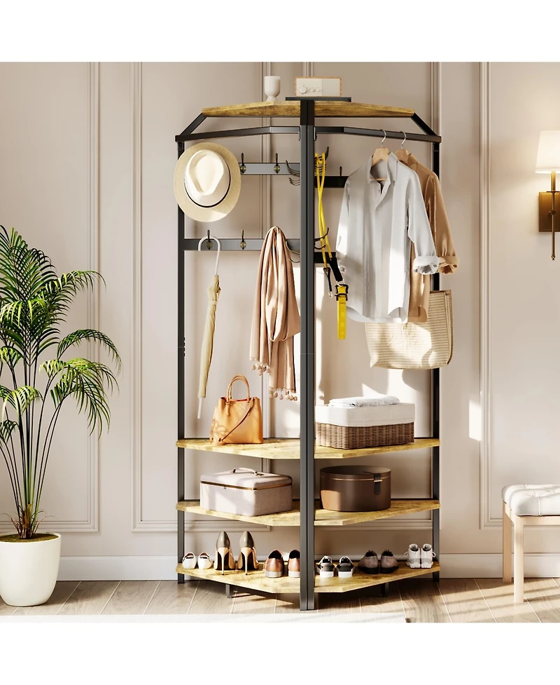 Corner Hall Tree Coat Rack with Shoe Bench, 12 Hooks and Hanging Rod, Space-Saving Storage Organizer for Entryway Bedroom Living Room
