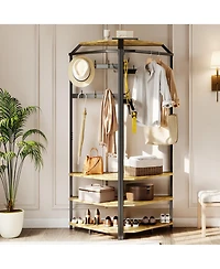 Corner Hall Tree Coat Rack with Shoe Bench, 12 Hooks and Hanging Rod, Space-Saving Storage Organizer for Entryway Bedroom Living Room