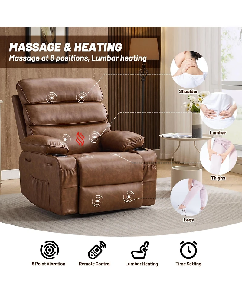Oversized Manual Pu Leather Recliner Chair with Massage and Heating Function, Thickened Sponge Cushioned Single Lounge Sofa for Indoor Use