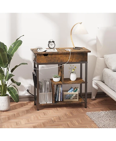 Narrow End Table with Charging Station and Turnover Storage Shelf, Rustic Brown Mdf Wood Side Table with Usb Ports for Living Room Bedroom Office