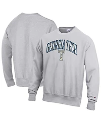 Champion Men's Gray Georgia Tech Yellow Jackets Distressed Arch Over Logo Reverse Weave Crew Neck Sweatshirt