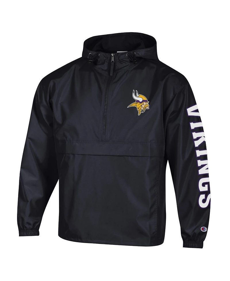 Champion Men's Black Minnesota Vikings Packable Hooded Windbreaker Half-Zip Jacket