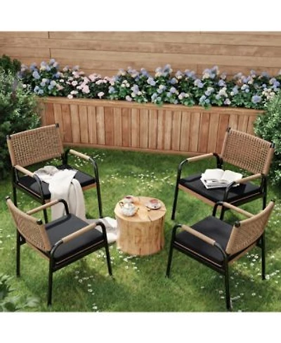Homfan Set Of 2 Or 4 Stackable Dining Armchairs Weatherproof Polyrattan Breathable Textilene Heavy Duty Metal Frame With Cushions For Garden