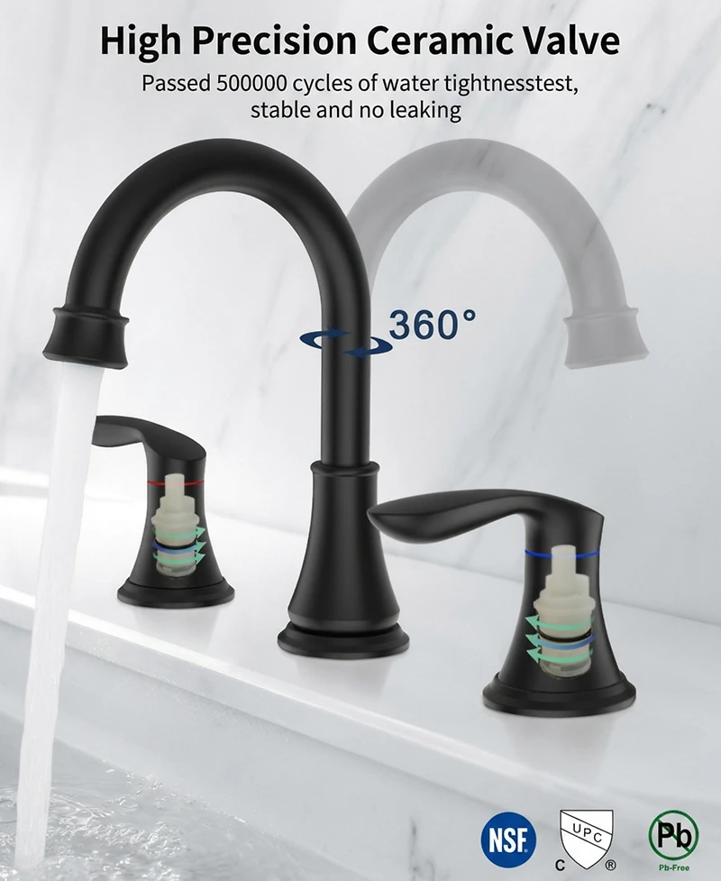 Thirtypeachy Two-Handle Widespread Bathroom Sink Faucet with 360degree(s) Swivel Spout, Ceramic Valve and Pop-Up Drain