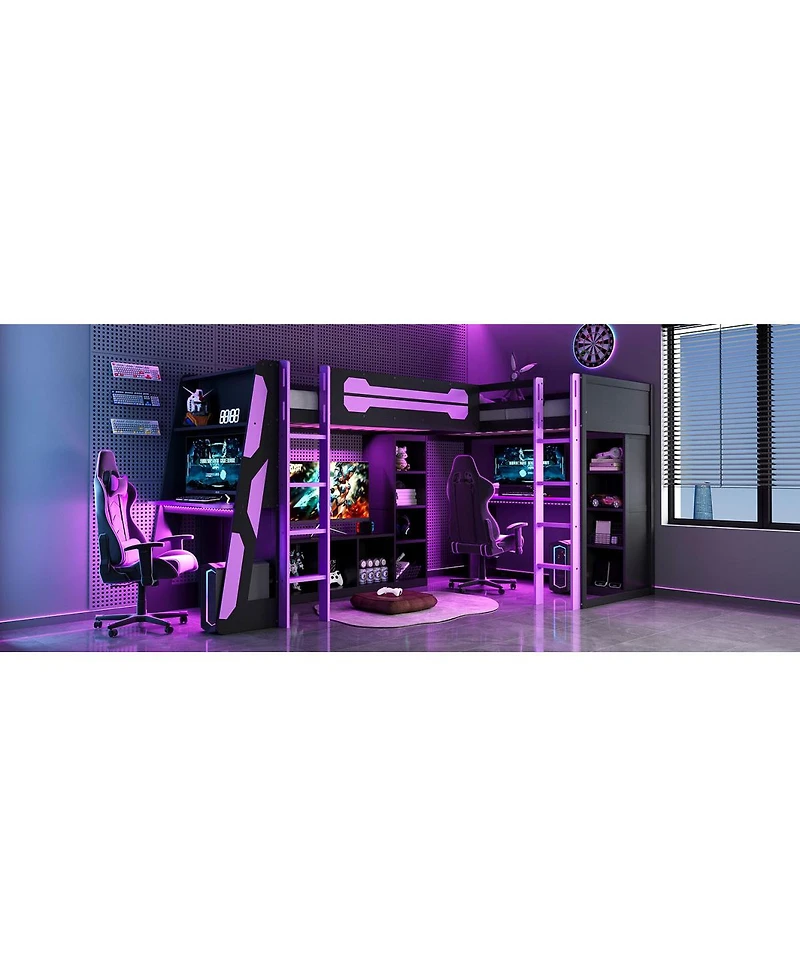Streamdale Furniture L-Shaped Twin Gaming Loft Bed with Rgb Lights, Usb, and Storage