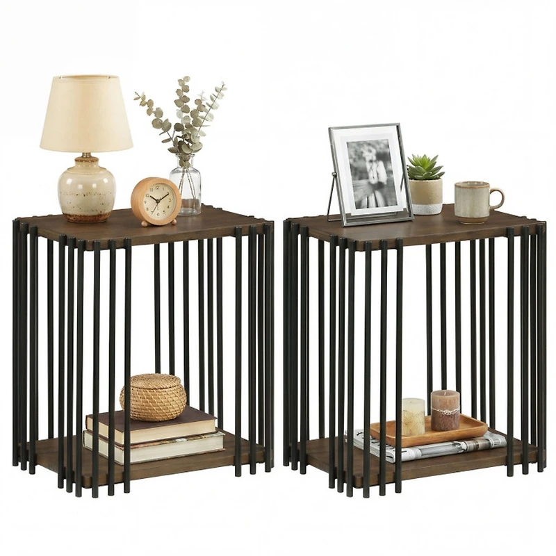 Sugift Rubber Wood End Table Set of 2 with 2-Tier Storage Shelves and Metal Frame