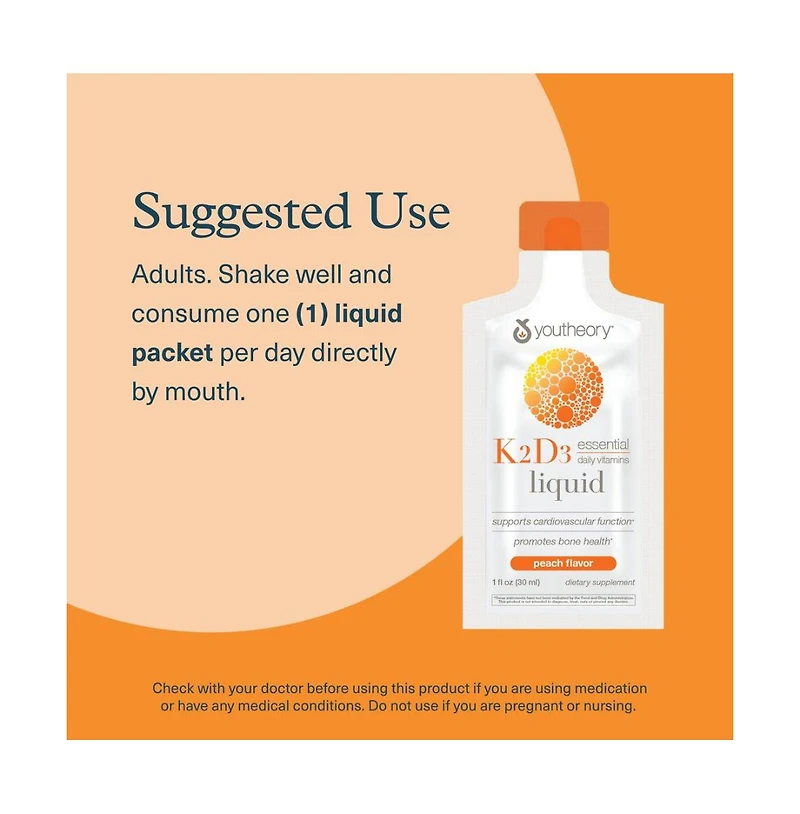 Youtheory K2 and D3 Daily Vitamin Supplement for Calcium Absorption, Liquid Peach Flavor, 12