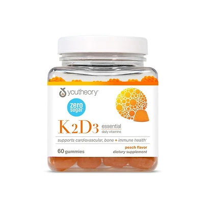 Youtheory K2D3 Bone and Heart Health Support Combines Vitamin D3 and Vitamin K2 Dairy, Soy and Gluten Free Peach, 60 Vegetarian Gummies