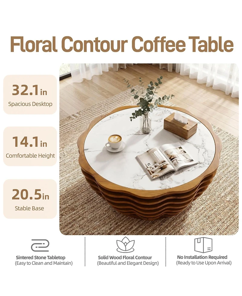 Streamdale Furniture 32.1" Modern Flower-Shaped Marble Pattern Round Coffee Table