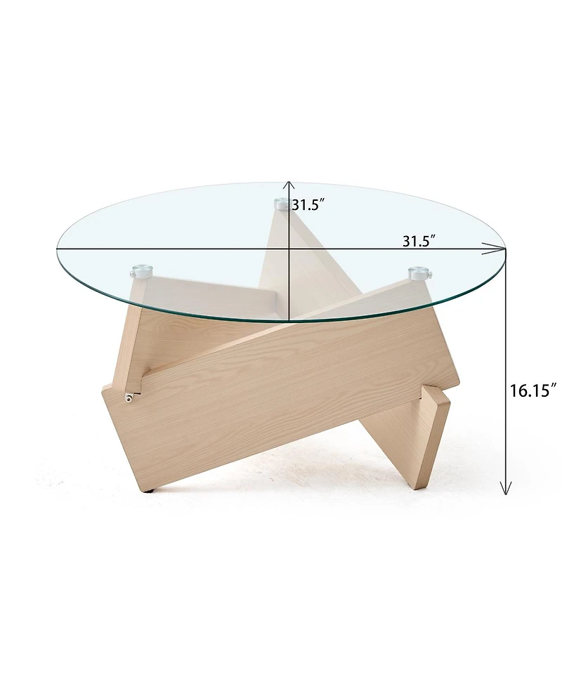 Streamdale Furniture Modern Round Farmhouse Coffee Table with Tempered Glass Top, Natural Wood