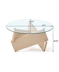 Streamdale Furniture Modern Round Farmhouse Coffee Table with Tempered Glass Top, Natural Wood