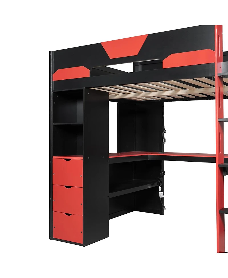 Streamdale Furniture Full Size Wooden Gaming Loft Bed with Desk, Rgb Lights and Usb