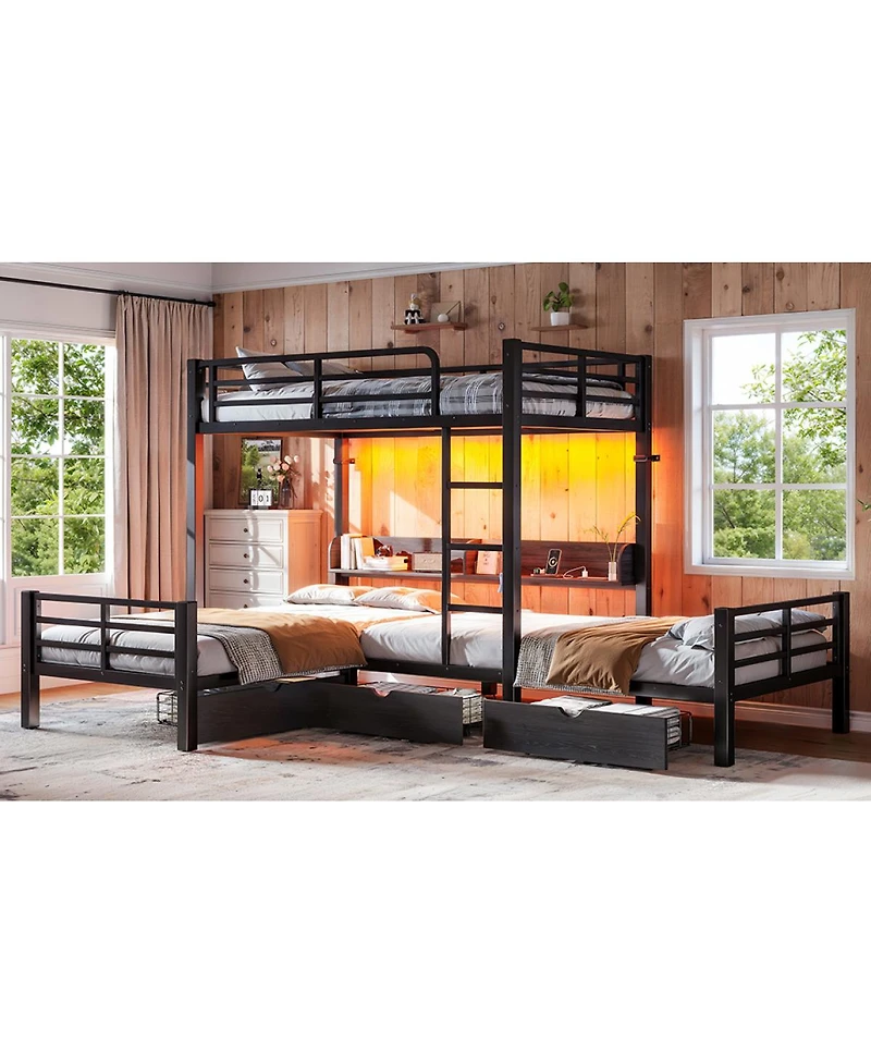 Streamdale Furniture Triple Twin L-Shaped Loft Bed with Storage, Led and Usb