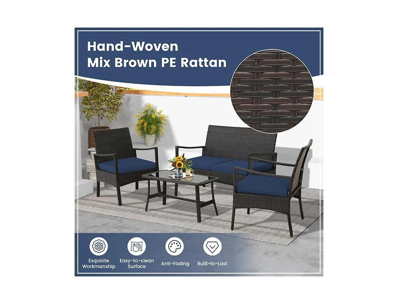 Boyel Living 4 Pieces Outdoor Rattan Conversation Set with Tempered Glass Coffee Table