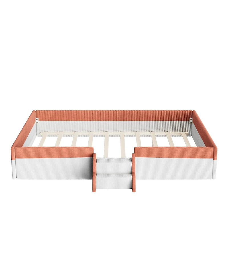 Streamdale Furniture Queen Upholstered Floor Bed with Fence and Led Lights