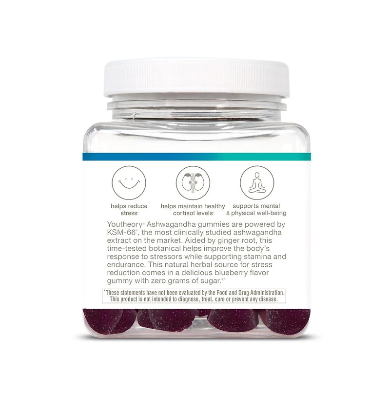 Youtheory Ashwagandha Gummies Stress and Energy Support Ksm 66 and Ginger Zero Sugar Blueberry 60 Count, Pack of 2 60 Day Supply