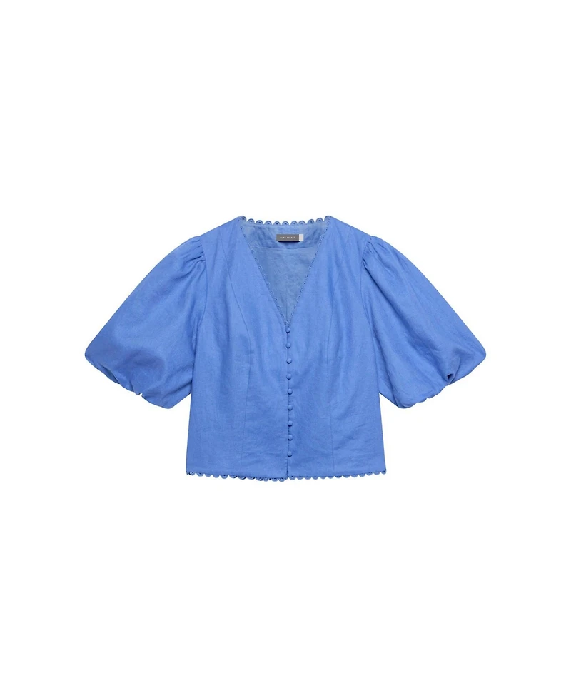 Mint Velvet Women's V-Neck Short Puff-Sleeve Scalloped Edge Blouse