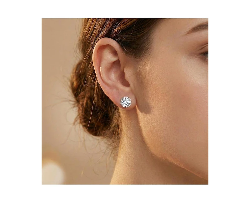 Genevive Sterling Silver White Gold Plating with Clear Cubic Zirconia Button Stud Earrings