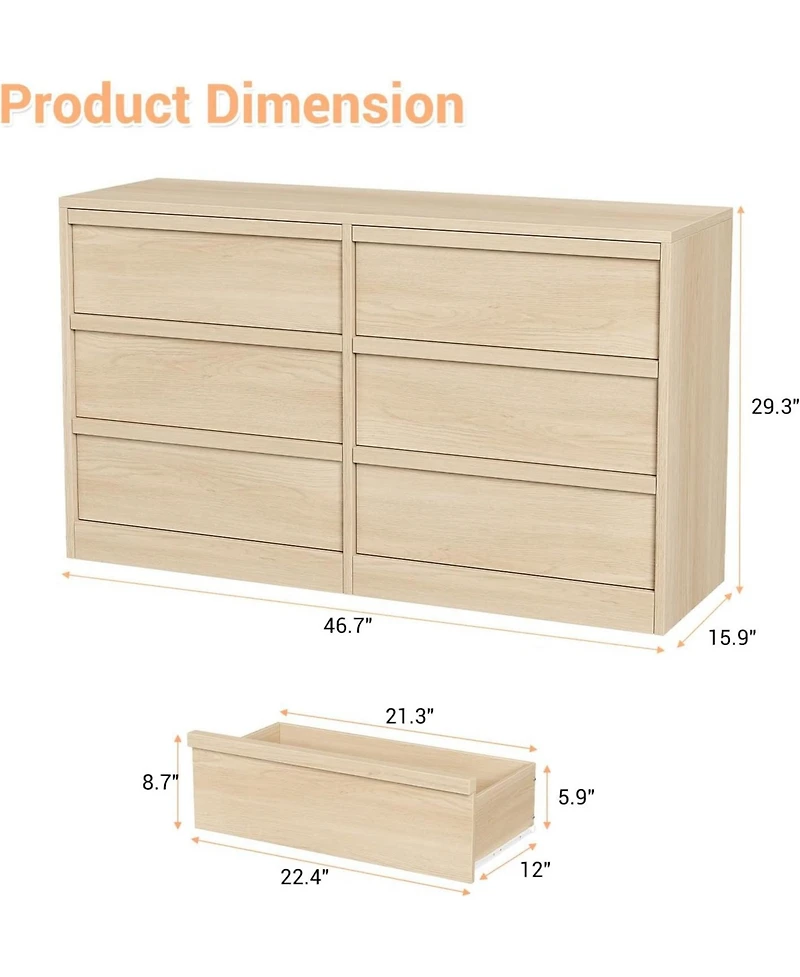 Modern 6-Drawer Chest, Large Storage Organizer for Bedroom Living Room Entryway, Sturdy Design with Smooth-Glide Drawers