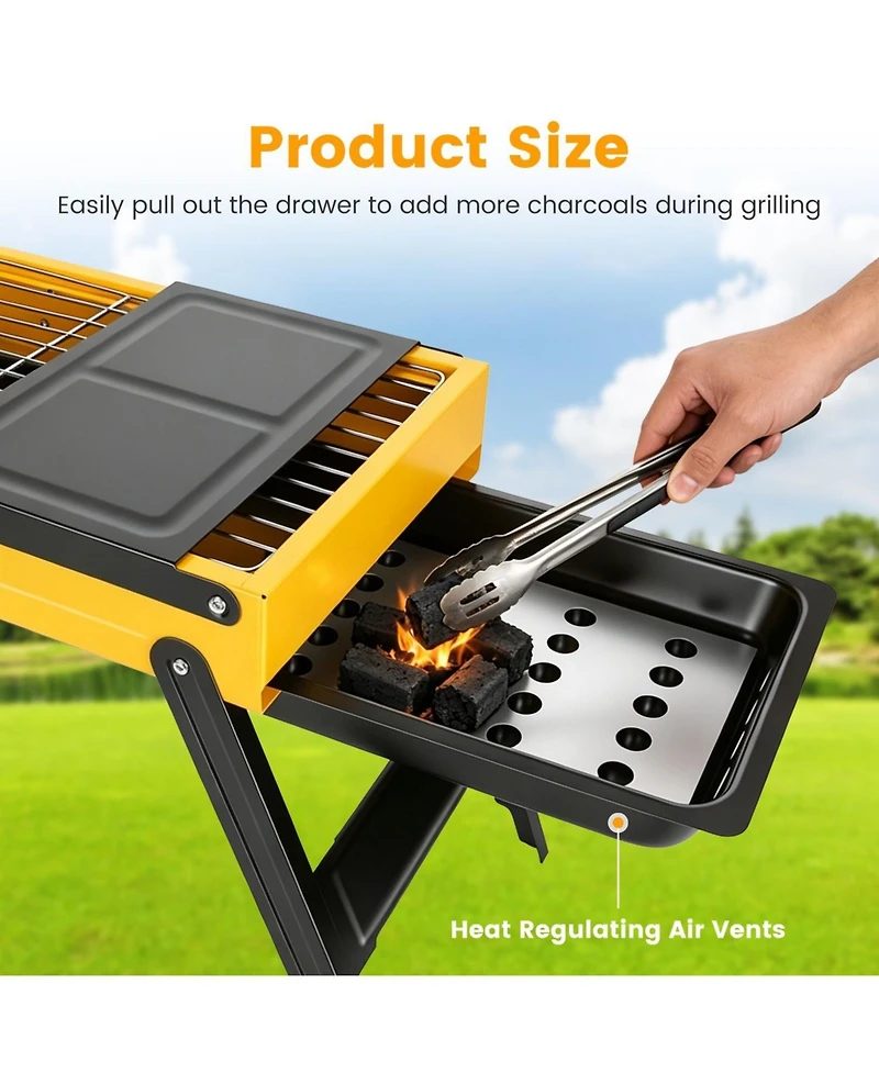 Mountaintop Portable Folding Charcoal Grill, Stainless Steel, Compact Tabletop With Side Panels and Carry Handle, for Picnic, Backyard, Beach, Travel