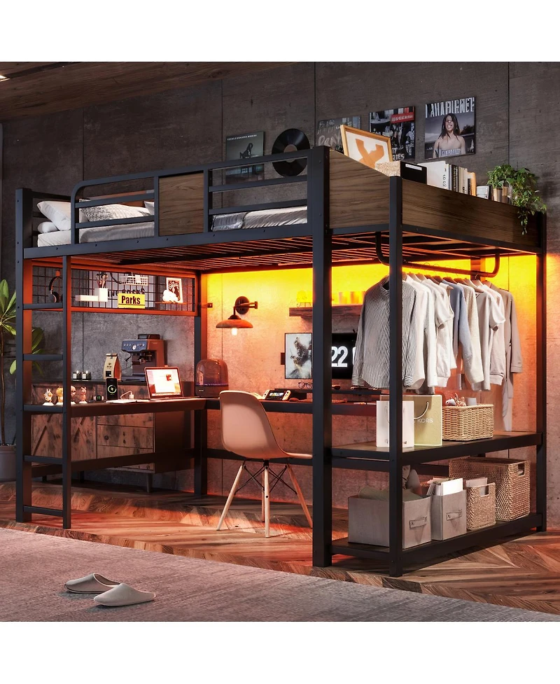 Streamdale Furniture Full Metal Loft Bed with L-Shaped Desk, Led Lights, Shelves and Usb