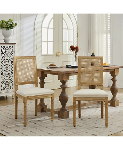 Flynama Set of 2 French Louis Square Rattan Back Carved Solid Wood Dining Chairs, Antique Finish 300 Lbs Weight Limit