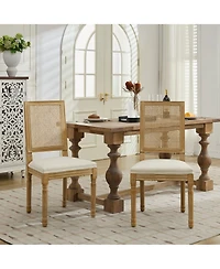 Flynama Set of 2 French Louis Square Rattan Back Carved Solid Wood Dining Chairs, Antique Finish 300 Lbs Weight Limit